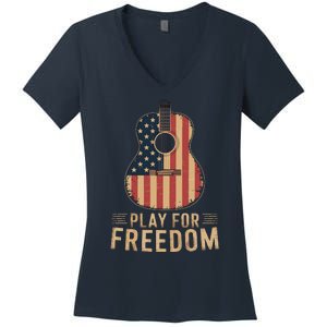 American Flag Acoustic Guitar Play For Freedom Women's V-Neck T-Shirt