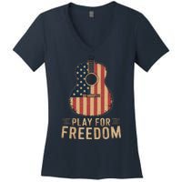 American Flag Acoustic Guitar Play For Freedom Women's V-Neck T-Shirt