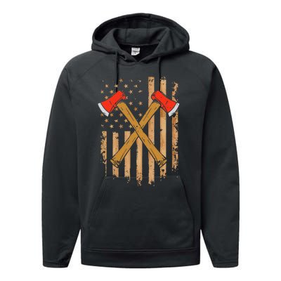 American Flag Axe Throwing Hatchet Thrower Lumberjack Performance Fleece Hoodie