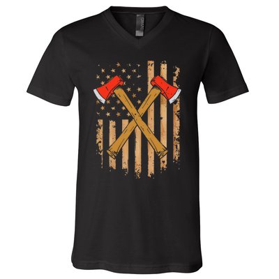 American Flag Axe Throwing Hatchet Thrower Lumberjack V-Neck T-Shirt