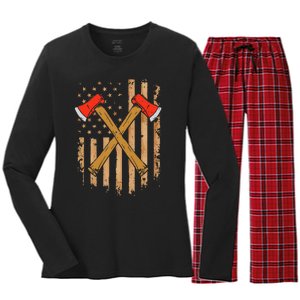 American Flag Axe Throwing Hatchet Thrower Lumberjack Women's Long Sleeve Flannel Pajama Set 