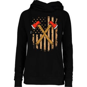 American Flag Axe Throwing Hatchet Thrower Lumberjack Womens Funnel Neck Pullover Hood