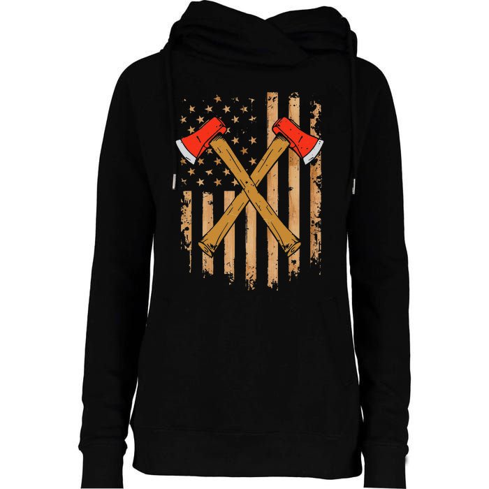 American Flag Axe Throwing Hatchet Thrower Lumberjack Womens Funnel Neck Pullover Hood