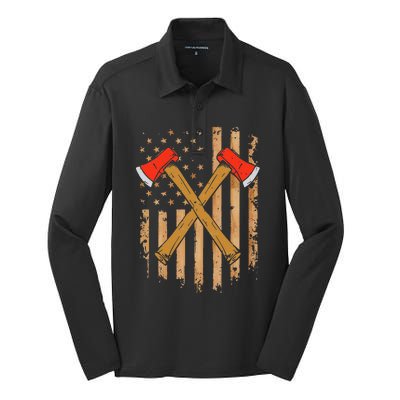 American Flag Axe Throwing Hatchet Thrower Lumberjack Silk Touch Performance Long Sleeve Polo