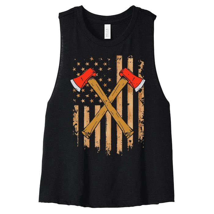 American Flag Axe Throwing Hatchet Thrower Lumberjack Women's Racerback Cropped Tank