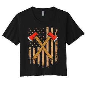 American Flag Axe Throwing Hatchet Thrower Lumberjack Women's Crop Top Tee