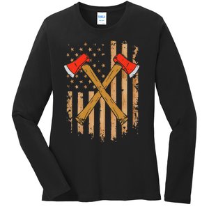 American Flag Axe Throwing Hatchet Thrower Lumberjack Ladies Long Sleeve Shirt