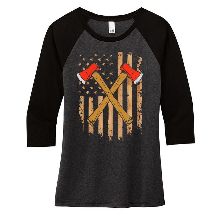 American Flag Axe Throwing Hatchet Thrower Lumberjack Women's Tri-Blend 3/4-Sleeve Raglan Shirt