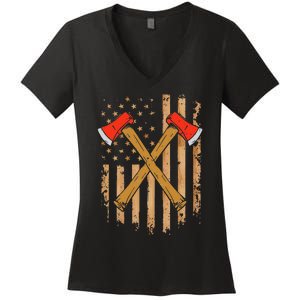 American Flag Axe Throwing Hatchet Thrower Lumberjack Women's V-Neck T-Shirt