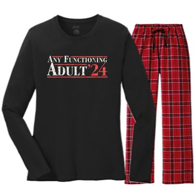 Any Functioning Adult 2024 Funny Retro Election Women's Long Sleeve Flannel Pajama Set 