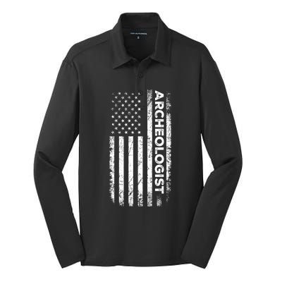 American Flag Archaeologist Funny Archaeology Gift Silk Touch Performance Long Sleeve Polo