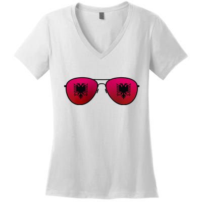 Albania Flag Aviator Sunglasses Women's V-Neck T-Shirt