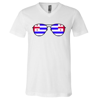 Ajaria Flag Aviator Sunglasses V-Neck T-Shirt