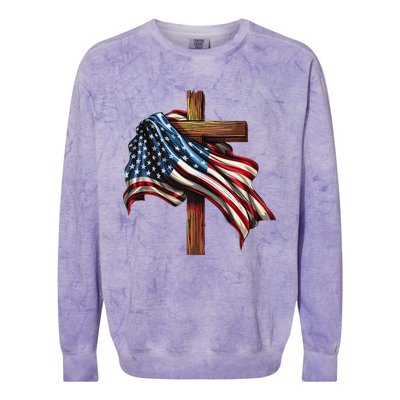 American Flag And Christian Cross Patriotic 4th Of July Colorblast Crewneck Sweatshirt