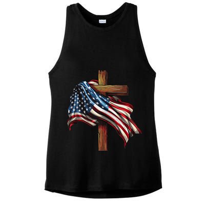 American Flag And Christian Cross Patriotic 4th Of July Ladies PosiCharge Tri-Blend Wicking Tank