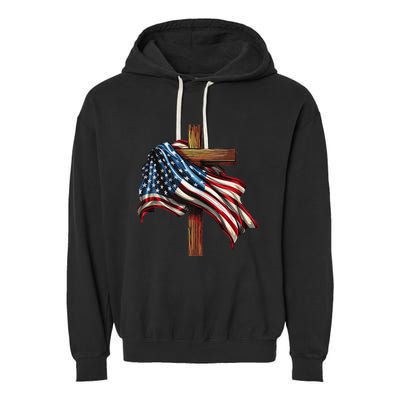 American Flag And Christian Cross Patriotic 4th Of July Garment-Dyed Fleece Hoodie