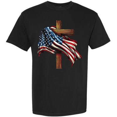 American Flag And Christian Cross Patriotic 4th Of July Garment-Dyed Heavyweight T-Shirt