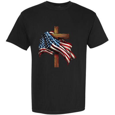 American Flag And Christian Cross Patriotic 4th Of July Garment-Dyed Heavyweight T-Shirt