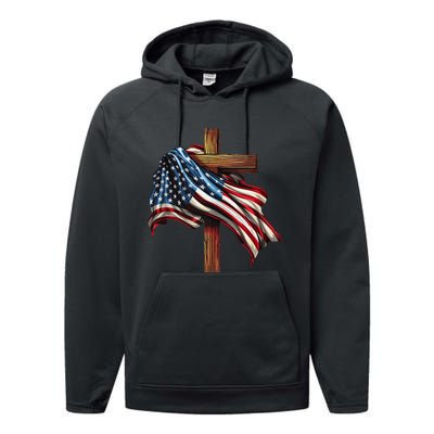 American Flag And Christian Cross Patriotic 4th Of July Performance Fleece Hoodie