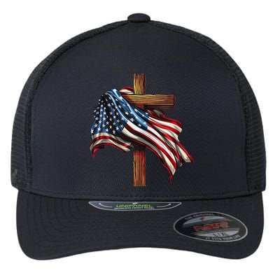 American Flag And Christian Cross Patriotic 4th Of July Flexfit Unipanel Trucker Cap