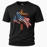 American Flag And Christian Cross Patriotic 4th Of July Cooling Performance Crew T-Shirt
