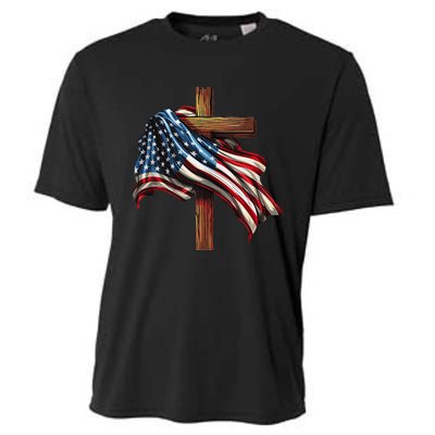 American Flag And Christian Cross Patriotic 4th Of July Cooling Performance Crew T-Shirt