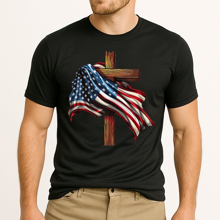 American Flag And Christian Cross Patriotic 4th Of July Cooling Performance Crew T-Shirt