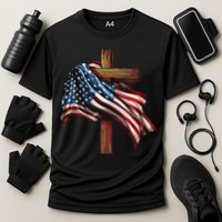 American Flag And Christian Cross Patriotic 4th Of July Cooling Performance Crew T-Shirt