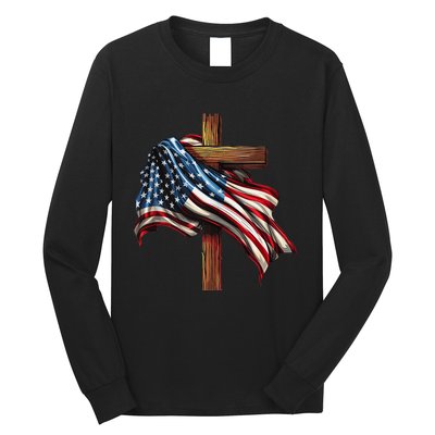 American Flag And Christian Cross Patriotic 4th Of July Long Sleeve Shirt