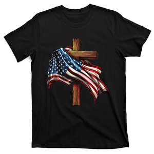 American Flag And Christian Cross Patriotic 4th Of July T-Shirt