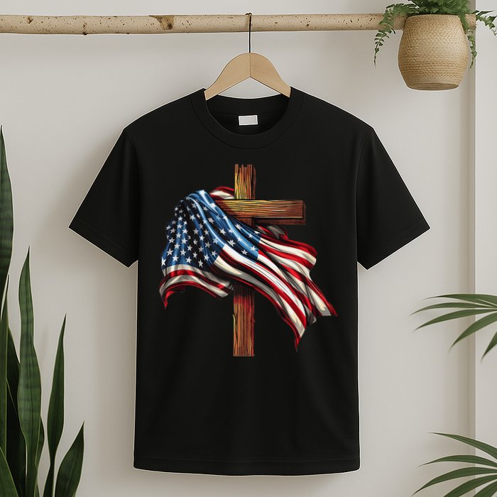 American Flag And Christian Cross Patriotic 4th Of July T-Shirt