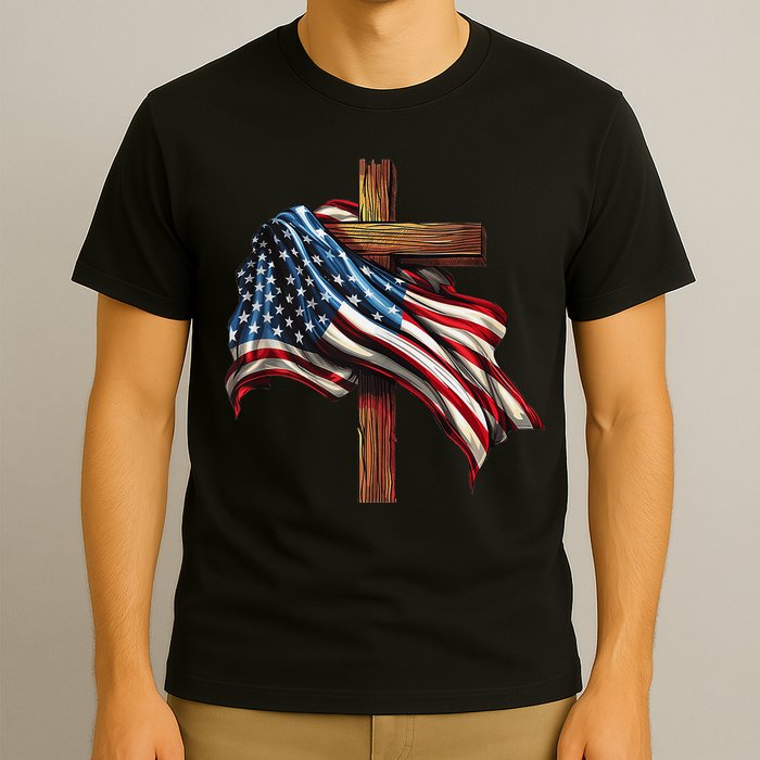 American Flag And Christian Cross Patriotic 4th Of July T-Shirt