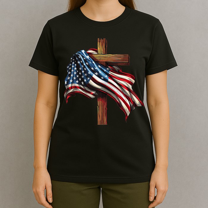 American Flag And Christian Cross Patriotic 4th Of July T-Shirt