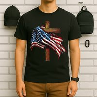American Flag And Christian Cross Patriotic 4th Of July T-Shirt