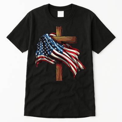 American Flag And Christian Cross Patriotic 4th Of July Tall T-Shirt