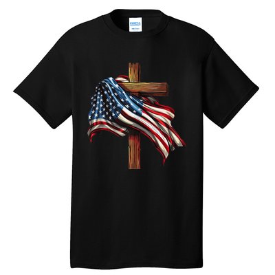 American Flag And Christian Cross Patriotic 4th Of July Tall T-Shirt