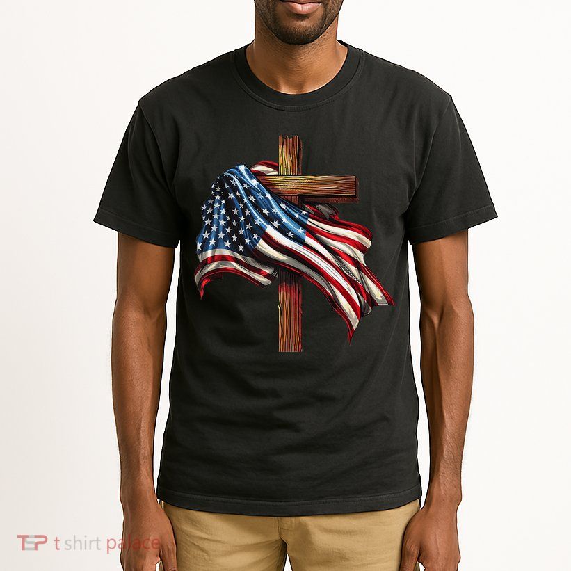 American Flag And Christian Cross Patriotic 4th Of July Tall T-Shirt