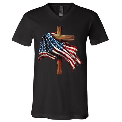 American Flag And Christian Cross Patriotic 4th Of July V-Neck T-Shirt
