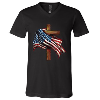 American Flag And Christian Cross Patriotic 4th Of July V-Neck T-Shirt