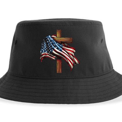 American Flag And Christian Cross Patriotic 4th Of July Sustainable Bucket Hat
