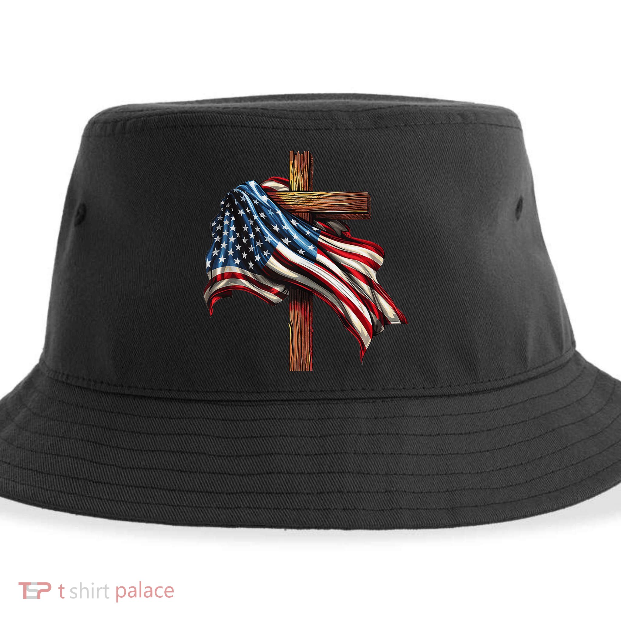 American Flag And Christian Cross Patriotic 4th Of July Sustainable Bucket Hat