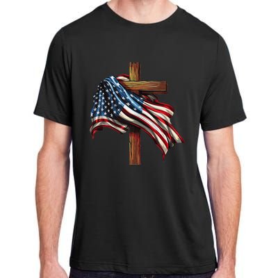 American Flag And Christian Cross Patriotic 4th Of July Adult ChromaSoft Performance T-Shirt