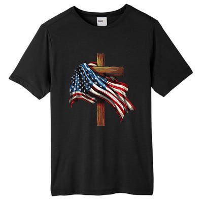 American Flag And Christian Cross Patriotic 4th Of July Tall Fusion ChromaSoft Performance T-Shirt