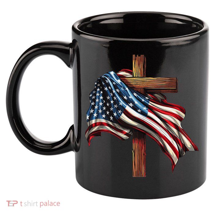 American Flag And Christian Cross Patriotic 4th Of July 11oz C Handle Ceramic Mug