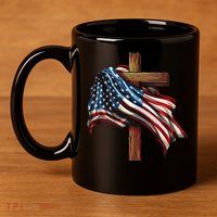 American Flag And Christian Cross Patriotic 4th Of July 11oz C Handle Ceramic Mug