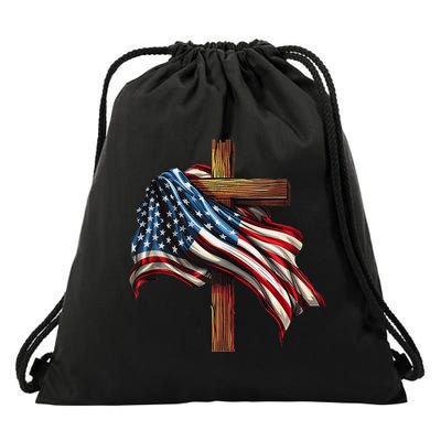 American Flag And Christian Cross Patriotic 4th Of July Drawstring Bag