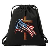 American Flag And Christian Cross Patriotic 4th Of July Drawstring Bag