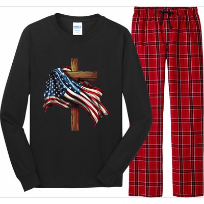 American Flag And Christian Cross Patriotic 4th Of July Long Sleeve Pajama Set