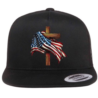 American Flag And Christian Cross Patriotic 4th Of July Flatbill Hat