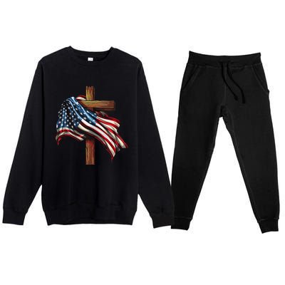 American Flag And Christian Cross Patriotic 4th Of July Premium Crewneck Sweatsuit Set